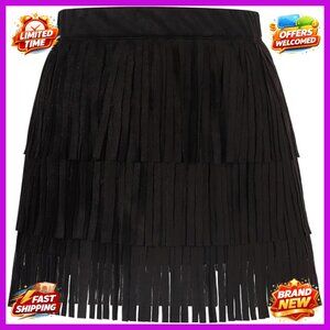 Suede Fringe Skirt Boho Tassel Layered Ruffle Above Knee Elastic Waist